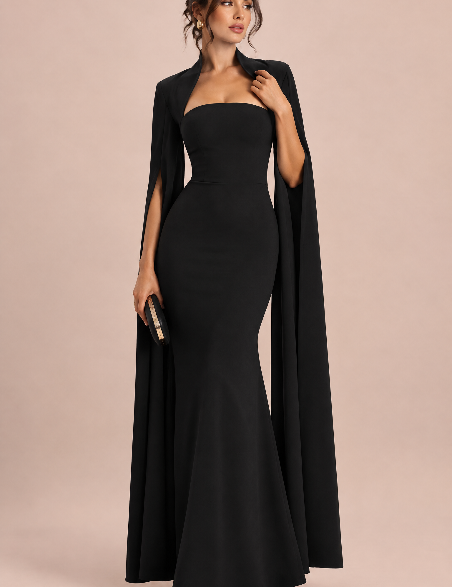 Robe longue noire à encolure carrée et manches cape | Vue de face | Lounelle Paris