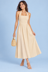 Robe midi patineuse beige à encolure américaine