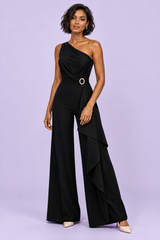 Combinaison pantalon noire asymétrique ceinturée