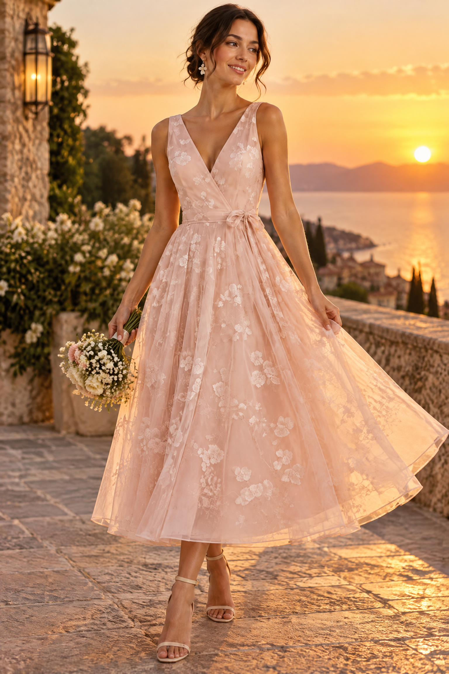 Robe midi fleurie rose clair à la coupe patineuse | Deuxième photo lifestyle | Lounelle Paris