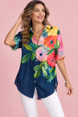Chemise longue fleurie à col – Bleu marine