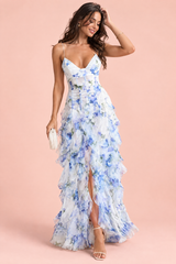 Robe longue bleue asymétrique à manches cape et imprimé lys