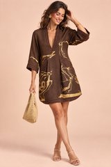 Robe courte fluide marron foncé à col V