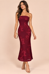 Robe midi bordeaux en dentelle à encolure bandeau avec détail col