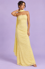 Robe longue moulante jaune en dentelle, bustier avec détail foulard