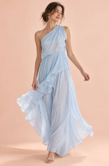 Robe bleue asymétrique à volants