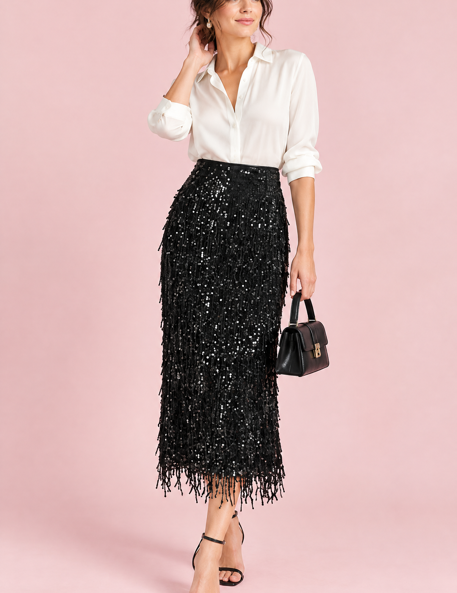 Jupe midi noire à franges et sequins | Vue de face | Lounelle Paris