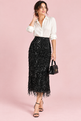 Jupe midi noire à franges et sequins