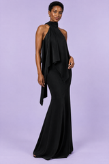 Robe longue noire à col halter et panneau drapé