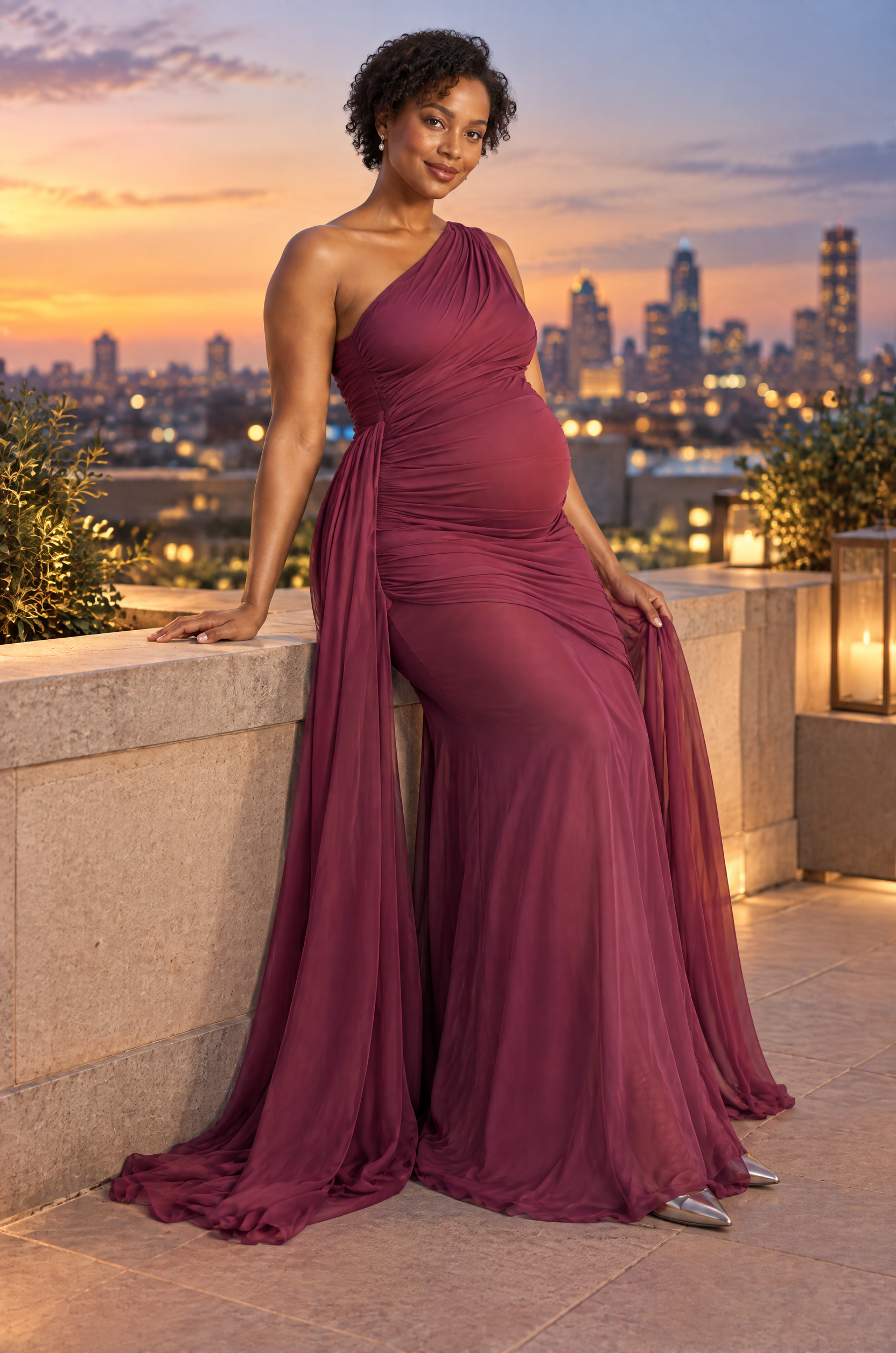 Robe longue de grossesse rouge poudré à encolure asymétrique, manche à nœud et ceinture | Deuxième photo lifestyle | Lounelle Paris