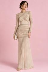 Robe longue moulante beige à fronces
