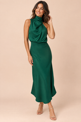 Robe midi trapèze vert foncé à col foulard