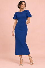 Robe midi bleu marine à manches bouffantes