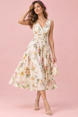 Robe midi verte à imprimé de bouquets floraux, col carré et coupe trapèze