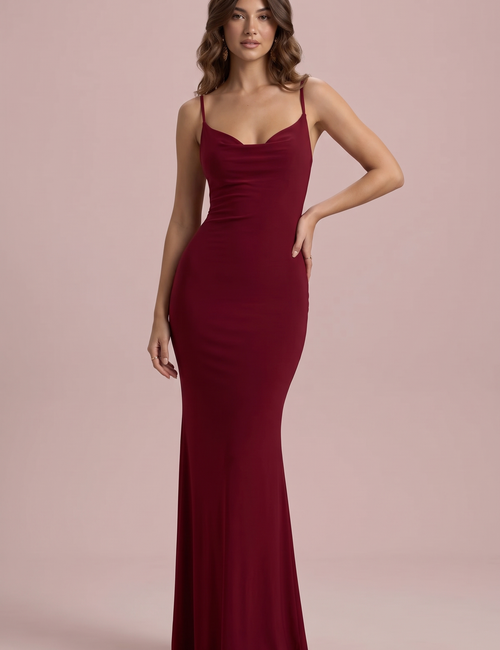 Robe longue bordeaux dos nu à col bénitier | Vue de face | Lounelle Paris