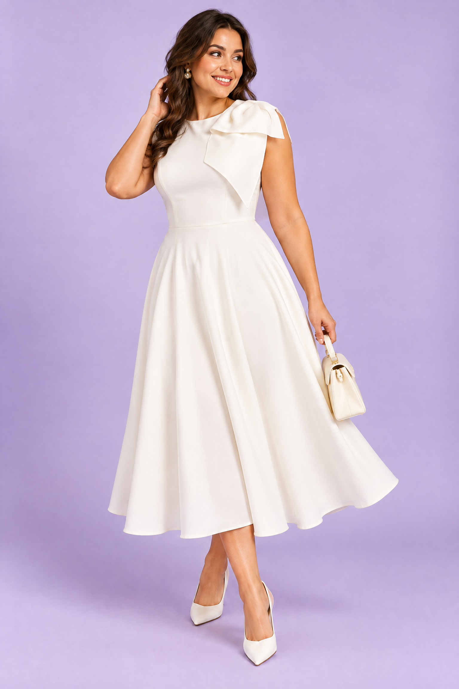 Robe midi blanche à encolure asymétrique et manche à nœud | Porté sur une autre silhouette | Lounelle Paris
