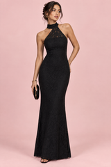 Robe longue noire en dentelle dos nu asymétrique à fente
