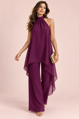 Ensemble pantalon violet en mousseline à col dos nu