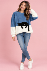 Pull oversize bleu à motif chat