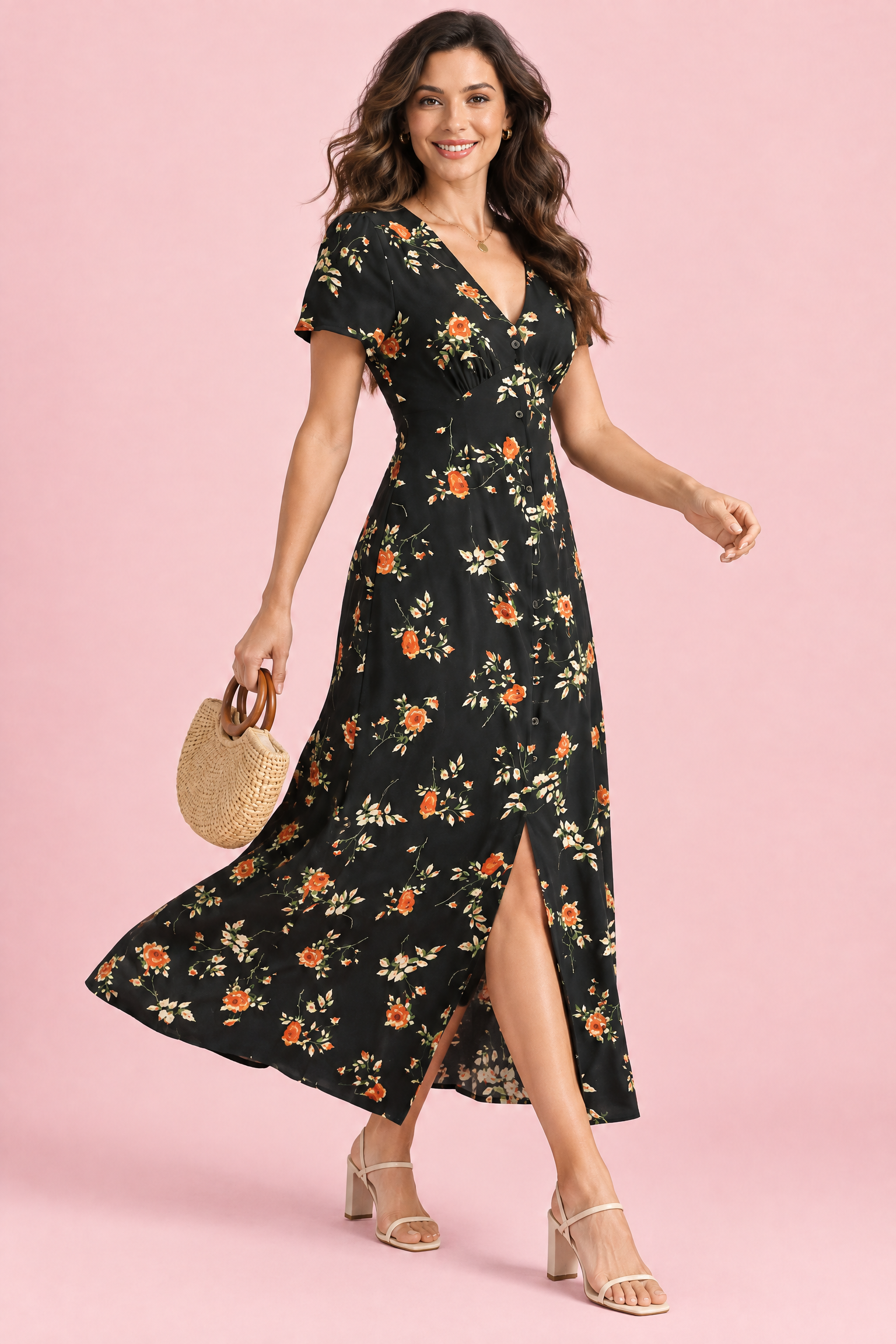 Robe noire évasée à col V | Vue en mouvement | Lounelle Paris