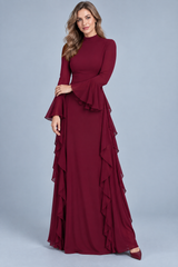 Robe longue bordeaux à volants et manches cloche