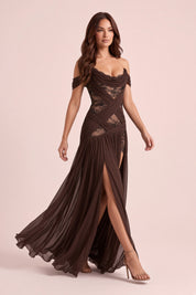 Robe marron à découpes et col bénitier | Vue en mouvement | Lounelle Paris