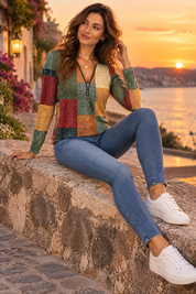 Haut vert zippé à imprimé patchwork | Deuxième photo lifestyle | Lounelle Paris