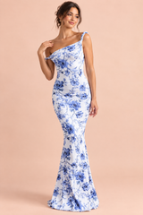 Robe longue asymétrique torsadée bleue