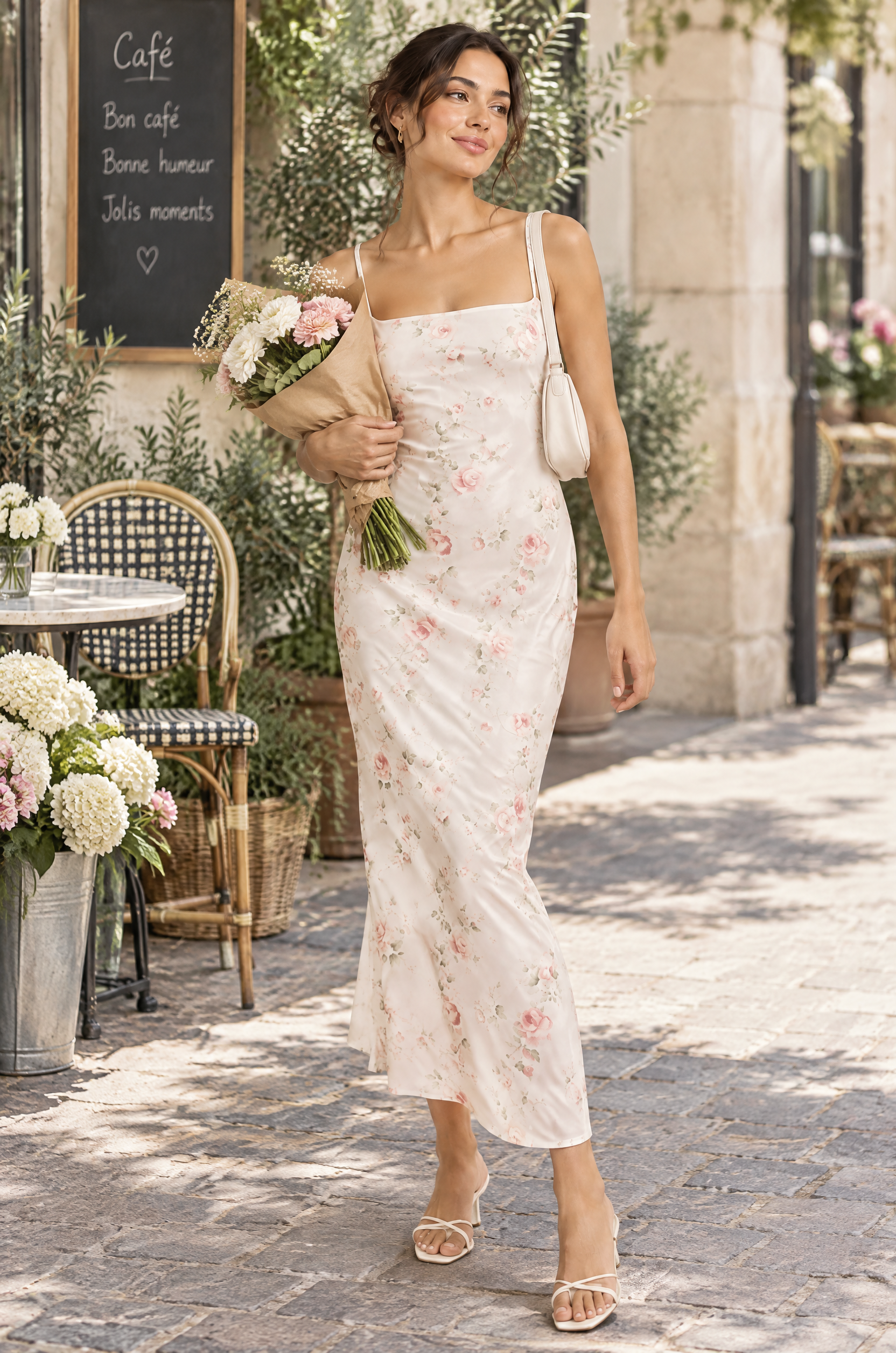 Robe longue blanc cassé à imprimé floral et sequins, col carré | Photo lifestyle | Lounelle Paris