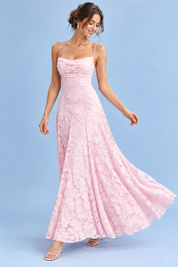 Robe longue fleurie rose à col bénitier | Vue en mouvement | Lounelle Paris