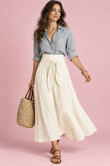 Ensemble chemise et jupe longue blanc cassé à taille nouée