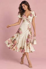 Robe midi ivoire fleurie froncée à col V