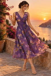 Robe midi violette à imprimé de bouquets floraux, col carré et coupe trapèze | Deuxième photo lifestyle | Lounelle Paris