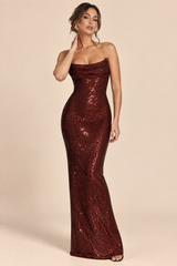 Robe longue à sequins bordeaux, col bénitier