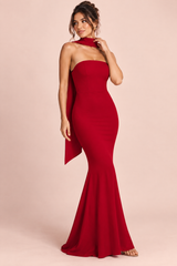 Robe longue rouge bustier bandeau à coupe sirène