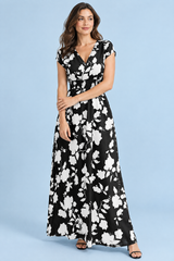 Robe longue noire à fleurs et taille smockée