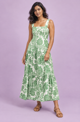 Robe midi verte à imprimé porcelaine et encolure carrée