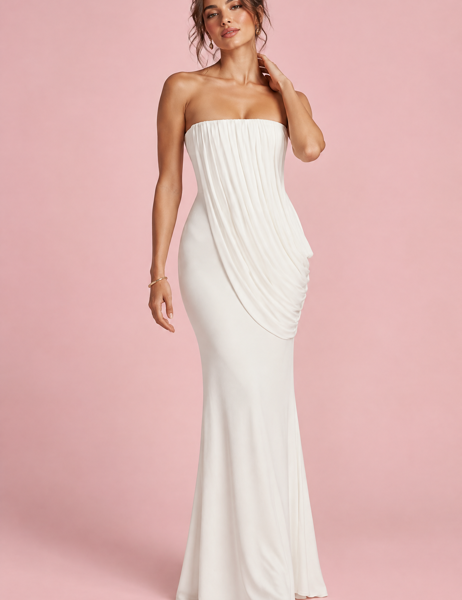 Robe longue blanche à col montant et détails volantés | Vue de face | Lounelle Paris