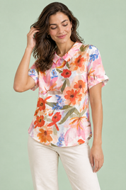 T-shirt rose à imprimé floral et col | Vue rapprochée | Lounelle Paris