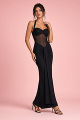Robe longue noire froncée à encolure dos nu