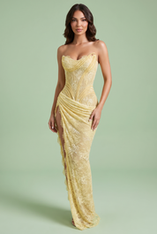 Robe longue bustier en dentelle froncée jaune pâle | Vue de face | Lounelle Paris