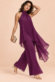 Ensemble pantalon fluide violet sans manches | Vue en mouvement | Lounelle Paris