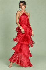 Robe longue rouge dos nu à franges superposées