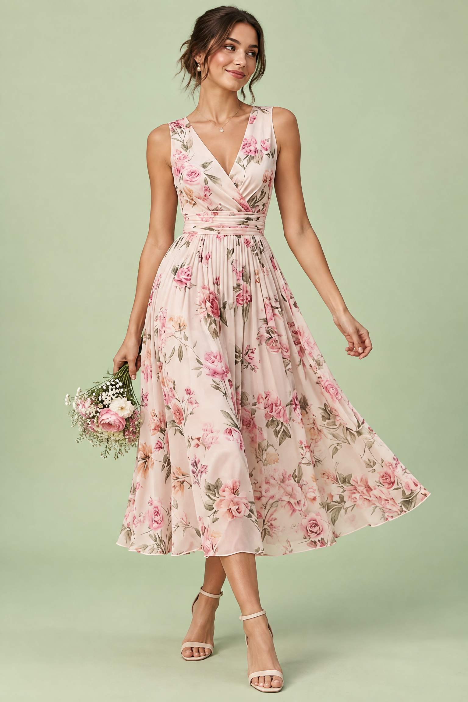 Robe midi rose à imprimé de bouquets floraux, col carré et coupe trapèze | Vue de face | Lounelle Paris