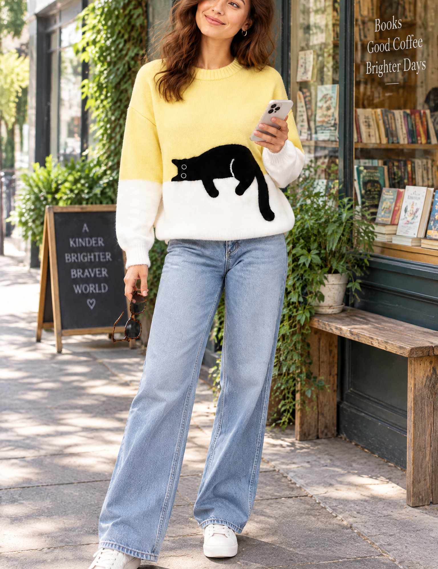 Pull oversize jaune à motif chat | Photo lifestyle | Lounelle Paris