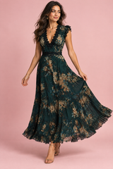 Robe longue fleurie vert foncé à col V et volants