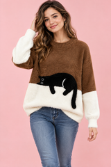 Pull oversize marron à motif chat