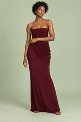 Robe longue bustier bordeaux à volants