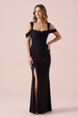Robe longue noire drapée à encolure carrée et effet portefeuille