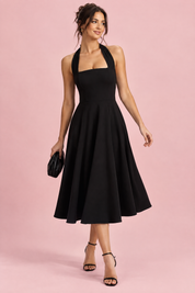 Robe midi patineuse noire à col américain | Vue de face | Lounelle Paris
